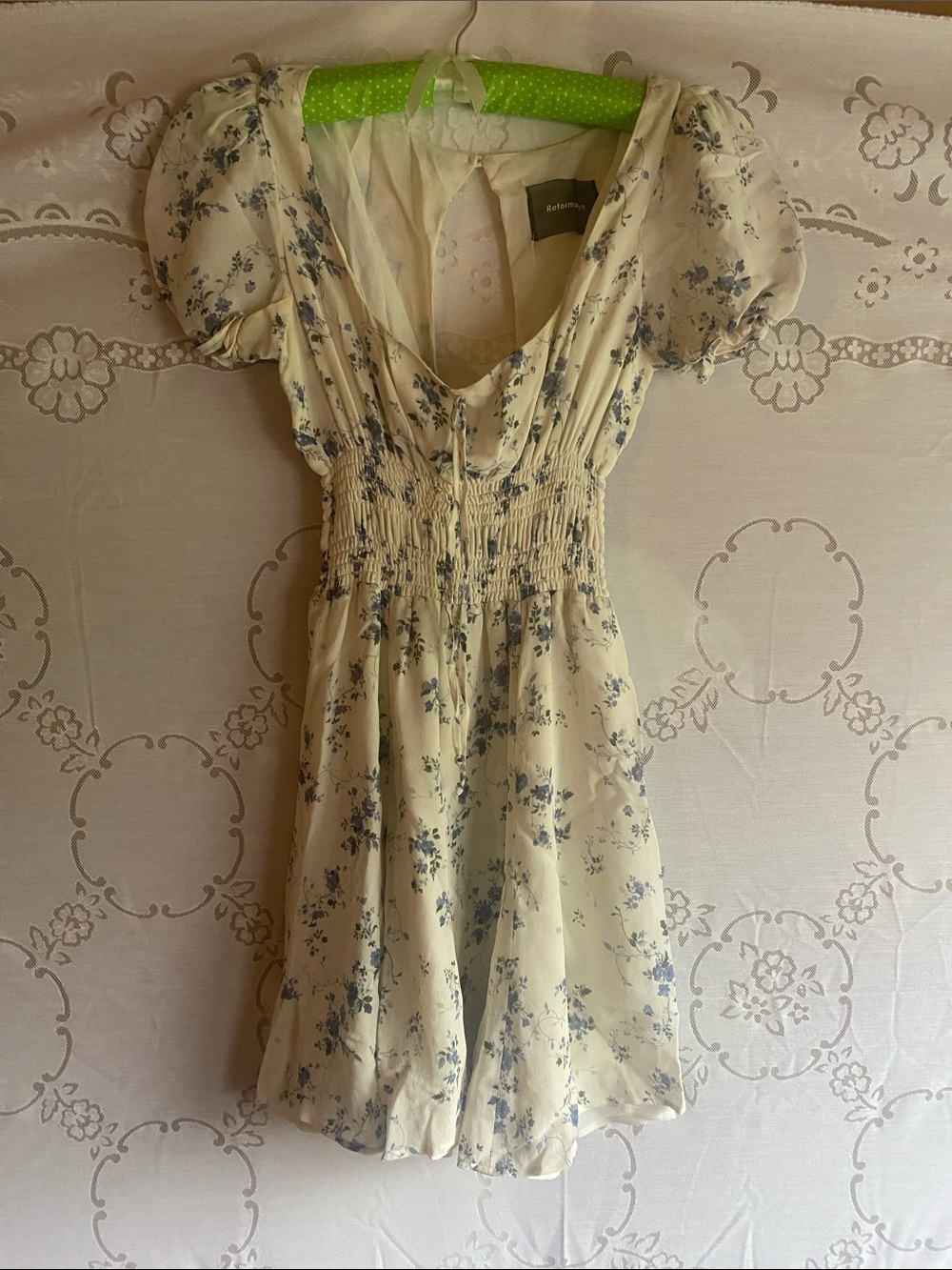 Reformation Cream Mini Dress with Blue Floral Print